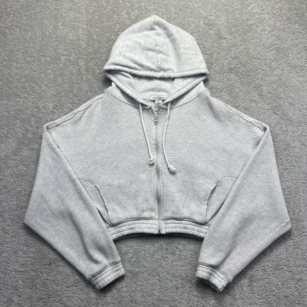 Better Together Hoodie Womens Large Heather Gray Waffle Knit Cropped Zip Up